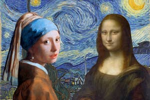Girl with a Pearl Earring and Mona Lisa overlaid on Starry Night.