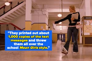 Text on a school hallway scene from 'Mean Girls' about spreading texts, emphasizing gossip consequences