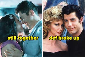 Split image with captions, left shows a couple in a romantic embrace, right shows characters, identified as Danny and Sandy from Grease