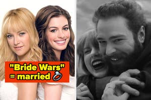 Split image of two scenes; left side with Anne Hathaway and Kate Hudson, right side with a couple embracing outdoors. Text overlay "Bride Wars" = married emoji
