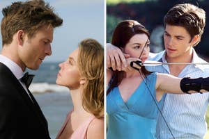 Split image of actors in 'The Notebook': Ryan Gosling with Rachel McAdams in a black suit and blue dress, and another scene with him playing guitar