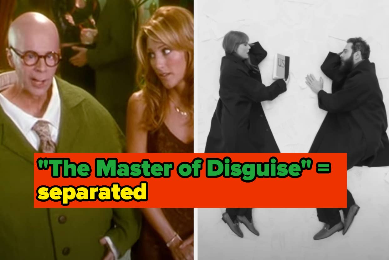 Two scenes from "The Master of Disguise" film, Dana Carvey next to a woman, and a man and woman sitting separated by a large book
