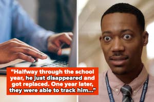 Split image: left shows hands typing on a keyboard; right features Tyler James Williams in Abbott Elementary with a surprised expression