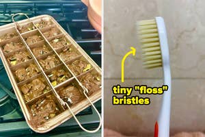 brownie tray next to a toothbrush with small "floss" bristles labeled