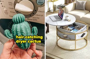 A cactus-shaped hair catcher for laundry machines and a modern living room with a round coffee table displaying accessories and a laptop