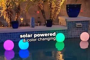 reviewer's pool with four inflatable lights "solar powered and color changing"
