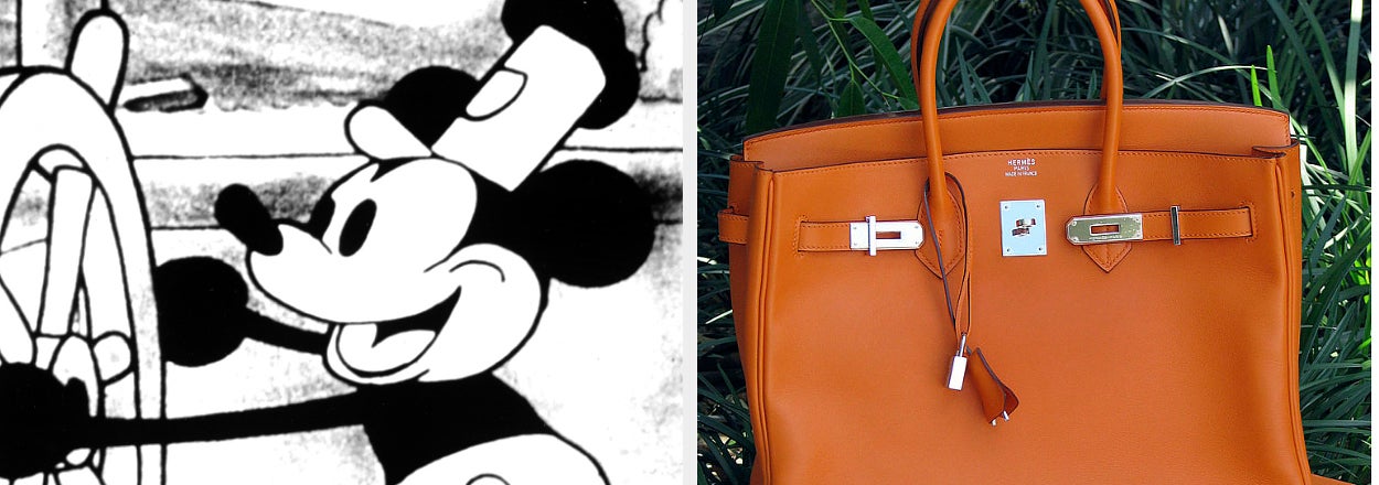 Two-panel image: Left, Mickey Mouse in early animation. Right, Hermes Birkin bag on foliage. Text compares 1928 TV drama and 1984 bag cost