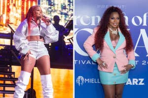 Two photos side-by-side, left shows a singer performing on stage in a white outfit, right shows the same person posing in a pastel blazer and skirt