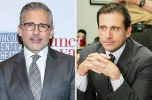Left: Actor in gray suit and glasses. Right: Actor as TV character in office setting