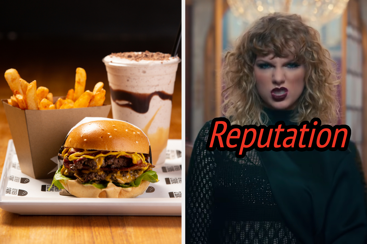 On the left, a burger and fries on a tray next to a milkshake, and on the right, Taylor Swift snarling in the Look What You Made Me Do music video labeled Reputation