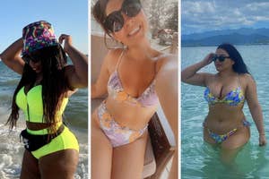 Three women in stylish bikinis each pose differently at beachside locations, showcasing swimwear trends