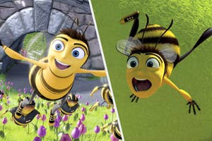 Barry B. Benson from Bee Movie flying with other bees in a garden and screaming on a tennis ball.