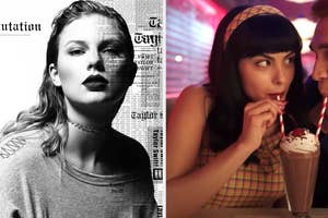 On the left, Taylor Swift on the Reputation album cover, and on the right, Camila Mendes drinking a milkshake as Veronica on Riverdale