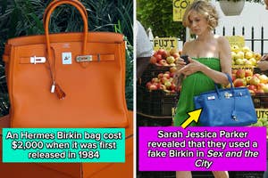 Sarah Jessica Parker beside a fruit stand, comparing a fake Hermes Birkin with a real one