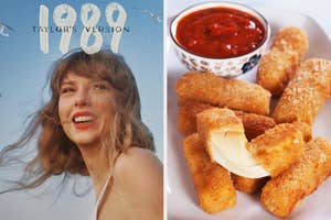 On the left, Taylor Swift smiling on the 1989 TV album cover, and on the right, some mozzarella sticks with marinara sauce