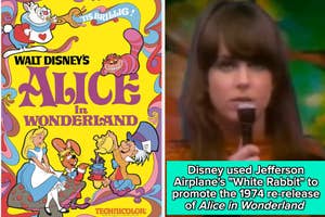 Vintage poster of Disney's "Alice in Wonderland" and Jefferson Airplane's singer promoting film re-release