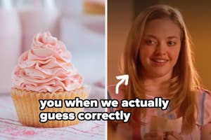 Person smiling at a frosted cupcake, text overlay humor on guessing correctly