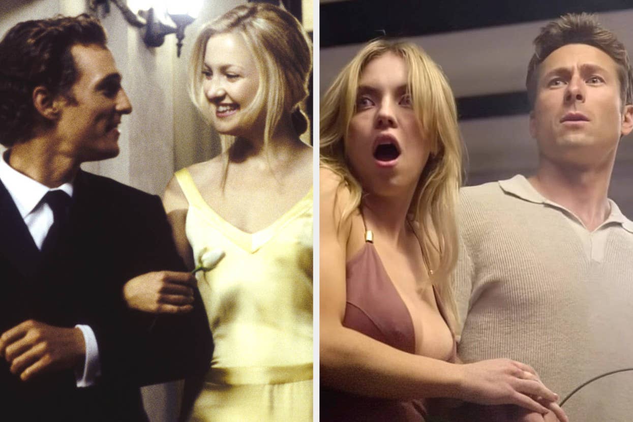 Two scenes from films: left shows two characters engaging in conversation; right shows a male and a female character in shock