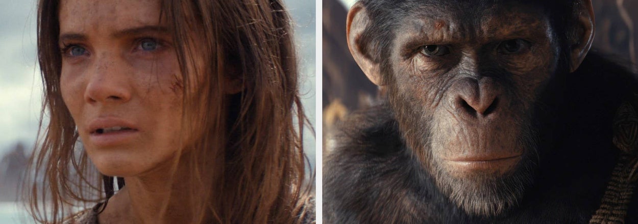 Freya Allan and Noa side-by-side image from scenes in Kingdom of the Planet of the Apes