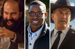 Three TV characters from separate shows, one with a beard, one with glasses, and one in a cowboy hat