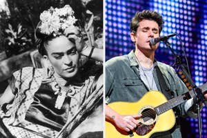 Left: Frida Kahlo with floral headpiece. Right: John Mayer playing guitar onstage