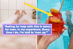 Person relaxing in a bubble bath with a drink, holding up a fruity drink in the pool