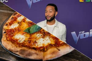 John Legend in a white jacket at an event, split image with a cheese pizza slice