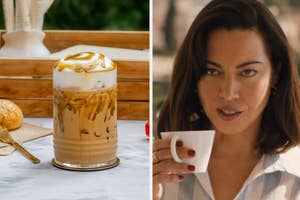 Iced coffee with caramel on the left. On the right, Audrey Plaza holding a small cup an looking annoyed.