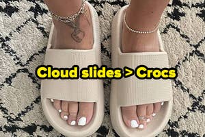 Feet in cloud slides with text "Cloud slides > Crocs" comparing two shoe types for shopping