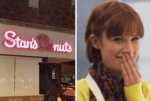 Split image: Left side shows "Stan's Donuts" neon sign with the D and O burnt out, right side depicts a woman smiling, covering her mouth with her hand