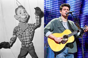 Left: A ventriloquist doll; right: John Mayer performing with a guitar