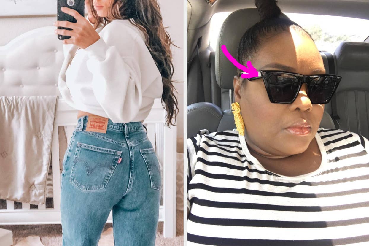 Side-by-side images of a person in high-waisted jeans and another wearing sunglasses and a striped top