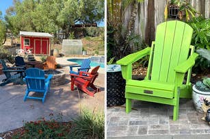 Two photos showing outdoor furniture: left with a red shed, chairs and fire pit; right with a solitary green Adirondack chair