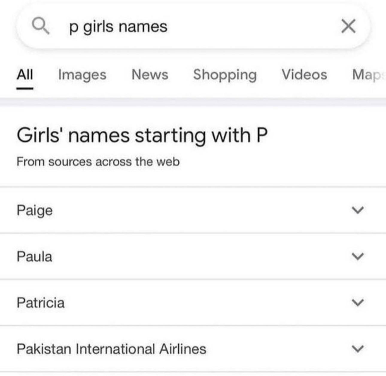 Search engine results page showing a query for "p girls names" and a list including Paige, Paula, Patricia, and Pakistan International Airlines