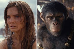 Freya Allan and Noa side-by-side image from scenes in Kingdom of the Planet of the Apes