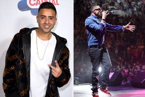Two photos of Jay Sean: left at event in black jacket, right performing on stage with a mic