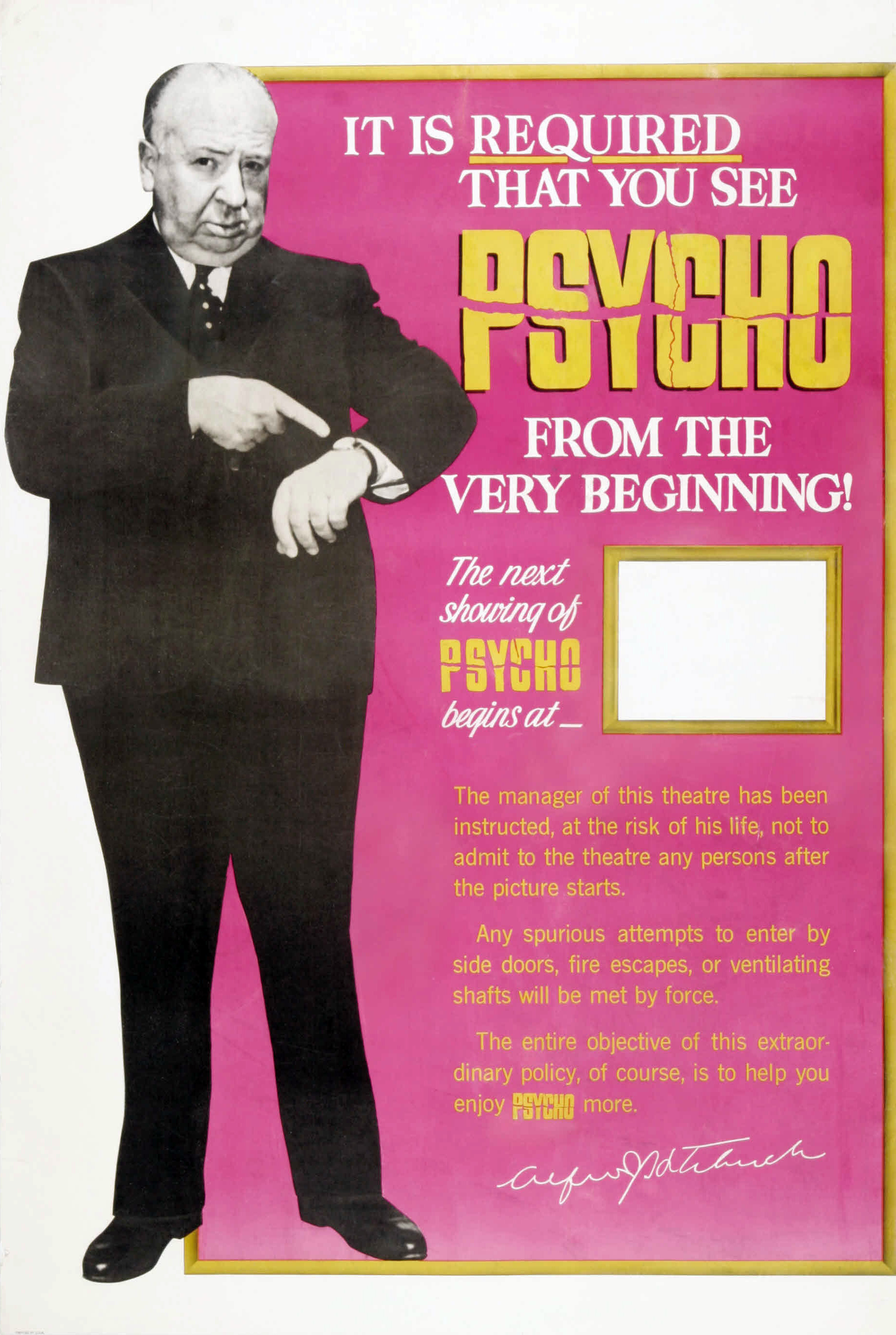 Alfred Hitchcock stands next to text promoting the film &quot;Psycho,&quot; emphasizing the importance of starting from the beginning