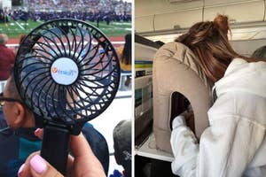 on the left a person using a handheld fan at a sporting event, on the right a reviewer using a travel pillow to rest face down on a plane