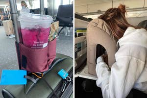 on the left a drink holder on luggage, on the right , a person resting their head on a inflatable pillow on a plane