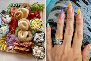 Left: Assorted breakfast items on a platter. Right: A hand displaying multicolored nail art