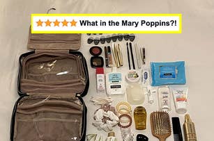 a roll-down makeup bag and its many contents captioned "what in the marry poppins" next to five stars
