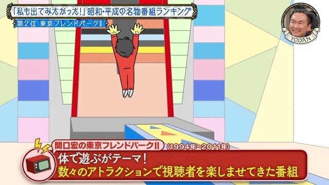 画像には、テレビゲームショー「挑戦!体当たりアクション」内のカラフルなコースを演じているアニメーションキャラクターが描かれています。