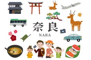 奈良県の象徴的なイラスト。建築物、鹿、交通機関、食べ物、家族などが描かれている。