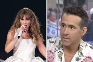 Taylor Swift performs on stage; Ryan Reynolds in a floral shirt during an interview