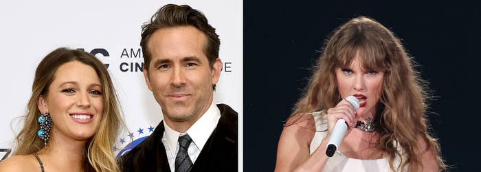 Blake Lively and Ryan Reynolds smiling together; Taylor Swift performing on stage