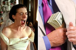 A split image: Left - bride screaming. Right - A man discreetly stashes cash into his jacket