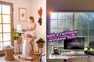 reviewer's on a rolling desk bike / reviewer's rainbow film on window in their office