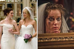 Two images: Left shows Anne Hathaway & Kate Hudson in bridal gowns from "Bride Wars." Right is a bride crying