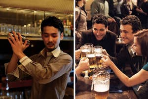 Left: A man holding a cocktail shaker. Right: Four people toasting with beers at a table