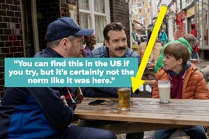 Two adults and a child sit at an outdoor cafe table conversing; the area has a casual, local vibe. Text overlay adds context